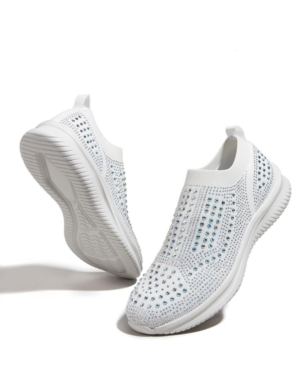 Women's White Rhinestone Mesh Walking Breathable Knit Sock Sparkly Sneaker Shoes